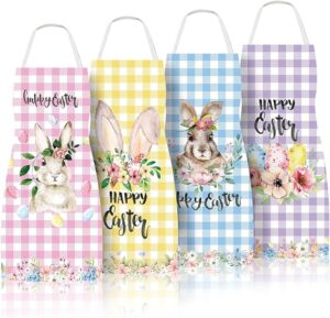 Whaline 4 Pack Happy Easter Aprons Buffalo Plaid Chef Cooking Aprons Bunny Egg Flower Prints Adjustable Washable Aprons Colorful Collection Kitchen for Spring Dinner Baking BBQ Grilling Supplies