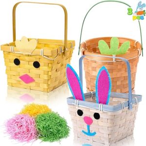 JOYIN 3 Pcs Easter Bamboo Baskets, Bunny Chick Carrot Baskets with Folding Handle & 150g Easter Raffia Paper Grass, Pink, Yellow & Green Empty Gift Basket for Baby Girls Boys First Easter