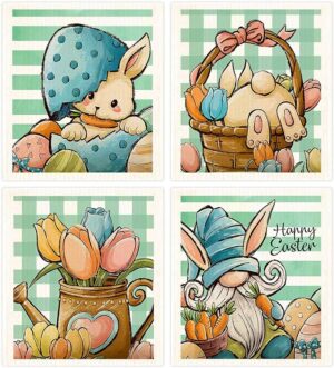 Morigins Easter Bunny Gnome Swedish Dishcloths Eco Friendly Reusable Sustainable Biodegradable Cellulose Sponge Cleaning Cloths for Kitchen Dish Rags Paper Towel Replacement